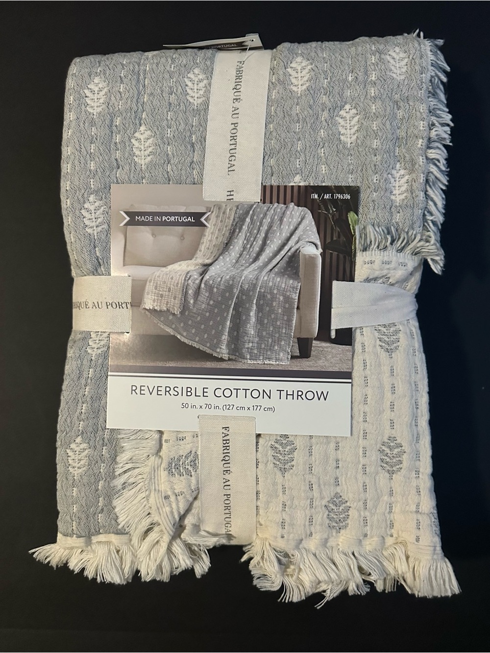 🎁Nemcor Made in Portugal Reversible Cotton Throw -Light Blue and Cream- 50”x70”